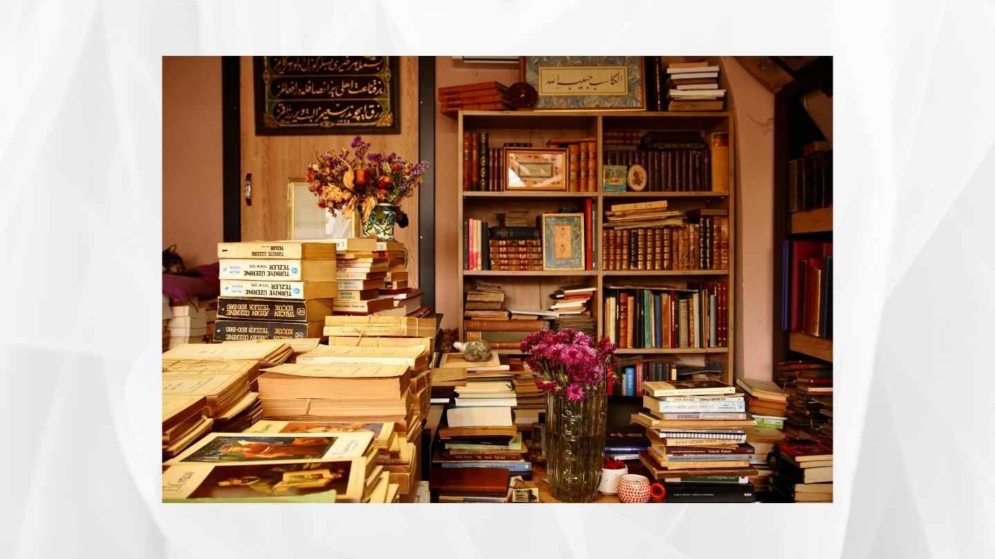 Stack of old books in office