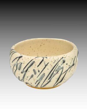 single serve bowl in white with black slip trailed texture, pottery for sale red deer